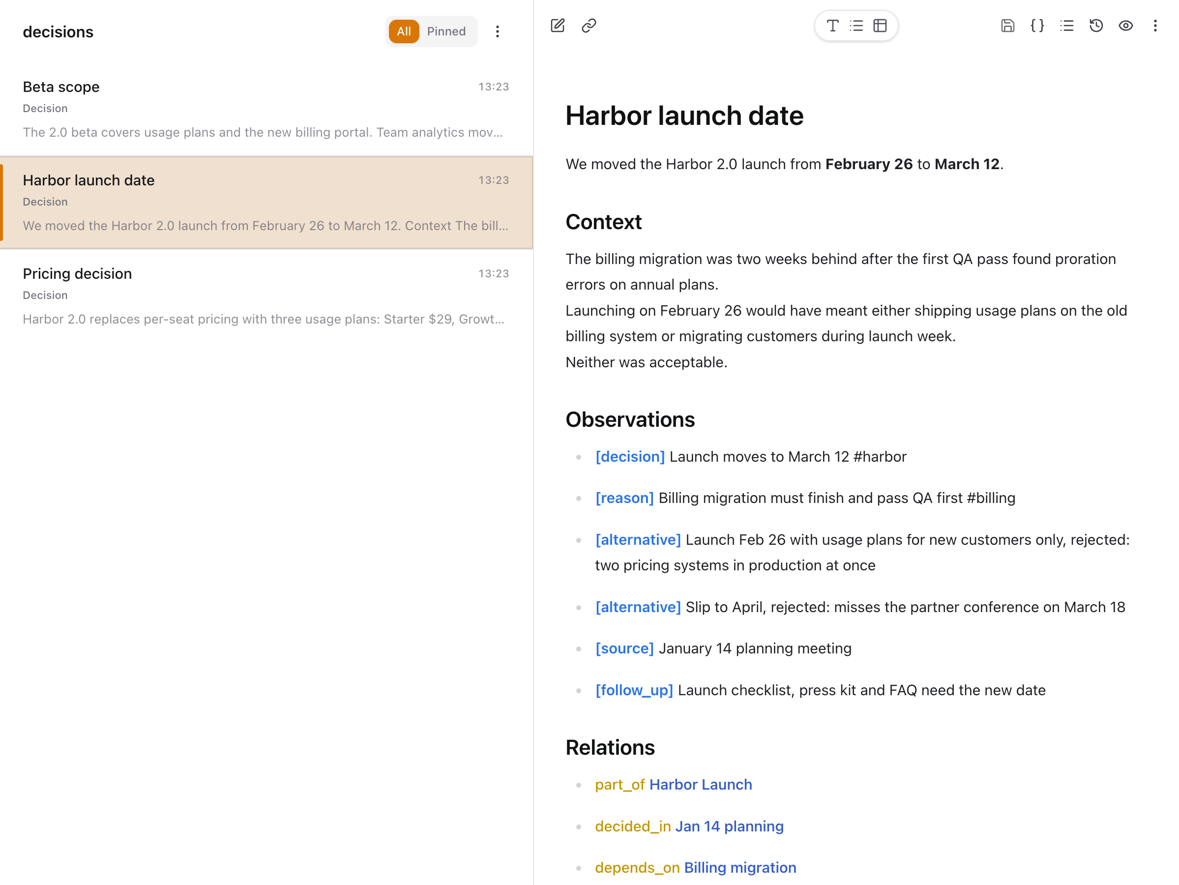 A decision note in the Basic Memory editor: why the Harbor launch moved to March 12, with typed observations and links to related notes