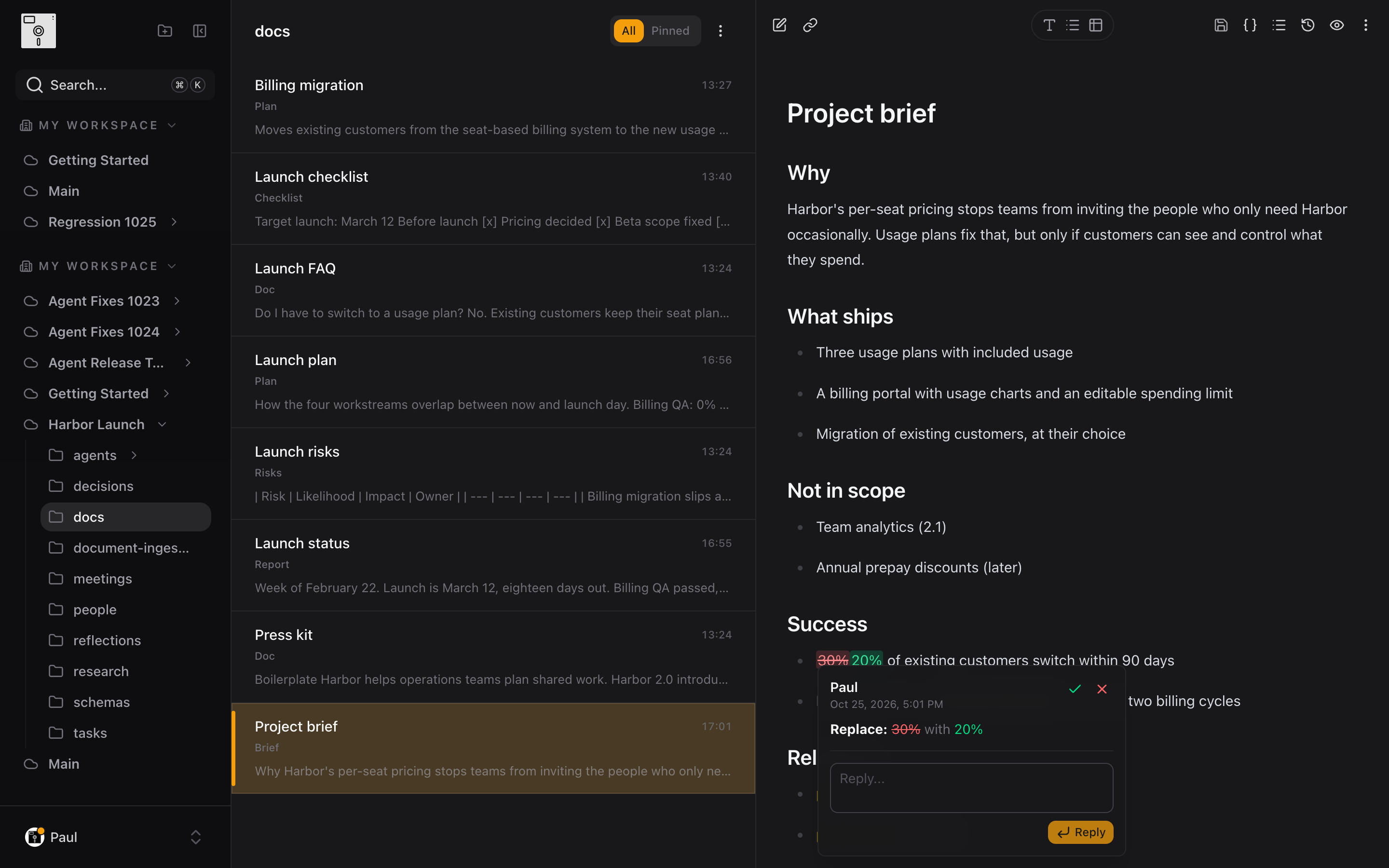 A suggested edit in a Harbor note, 30% struck through and 20% proposed, with a highlighted comment on the next line