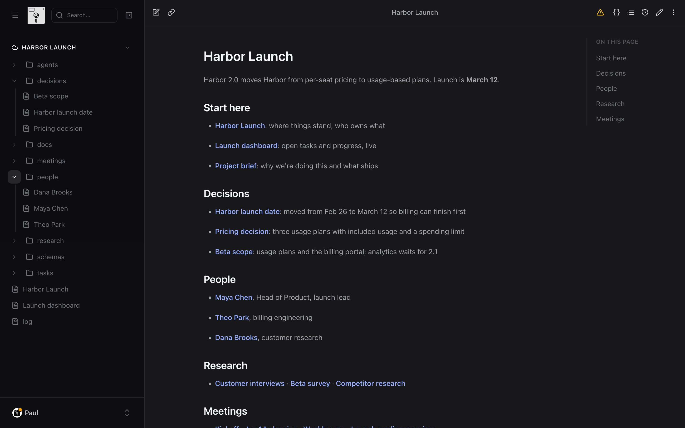 A project opened as a wiki, with an overview page linking to decisions and people