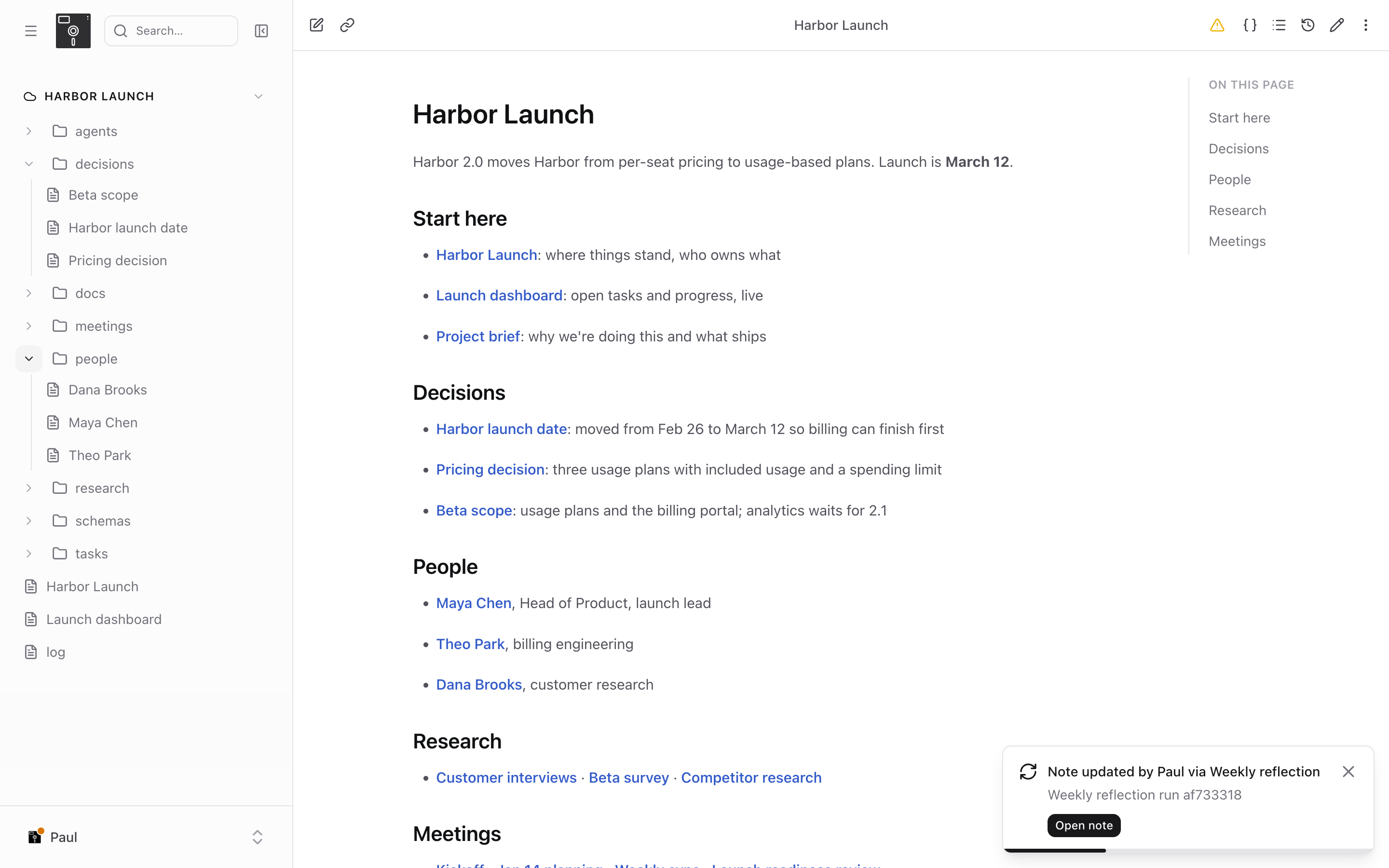 A project opened as a wiki, with an overview page linking to decisions and people