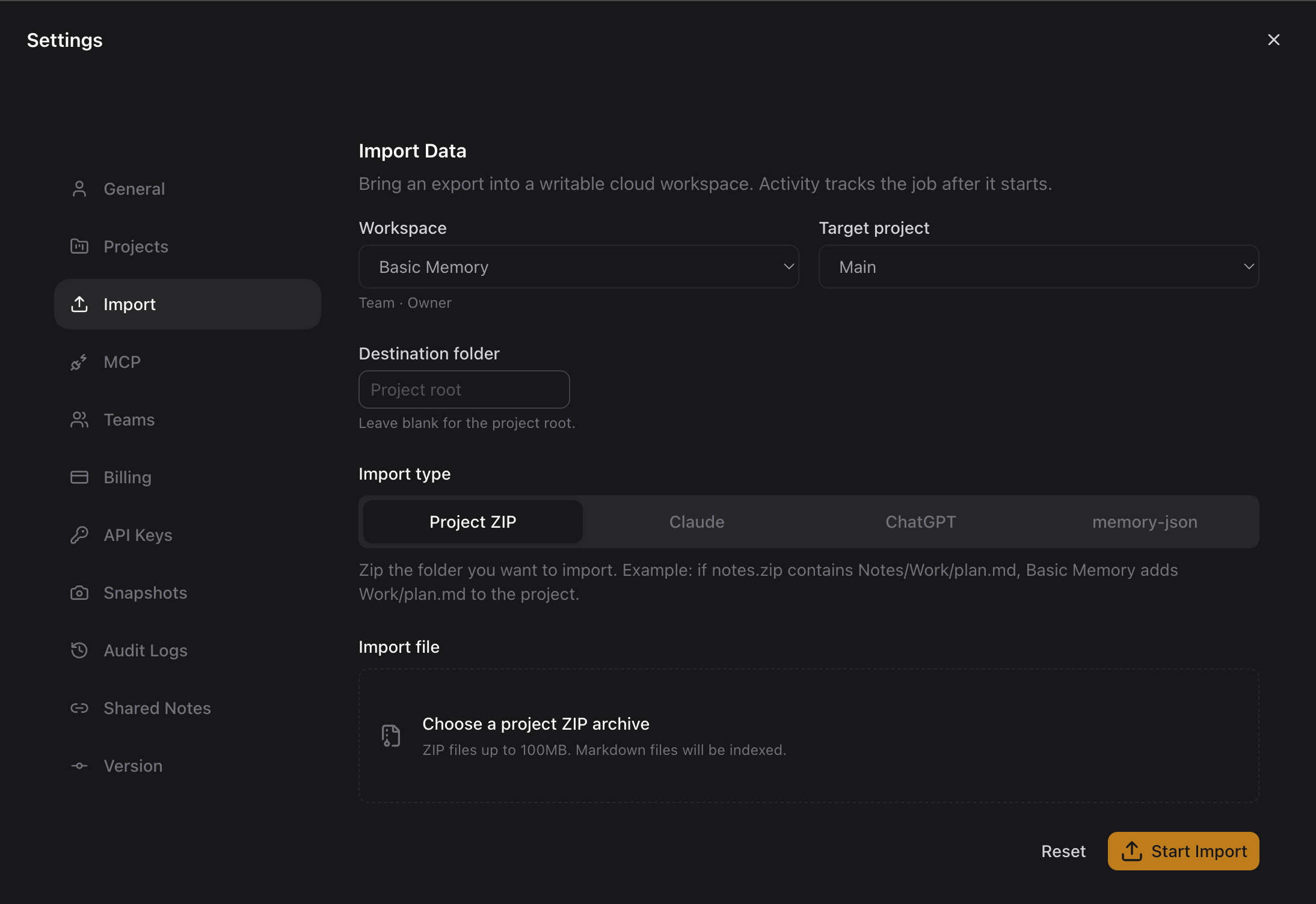 Import settings showing options for Claude, ChatGPT, and Memory JSON data