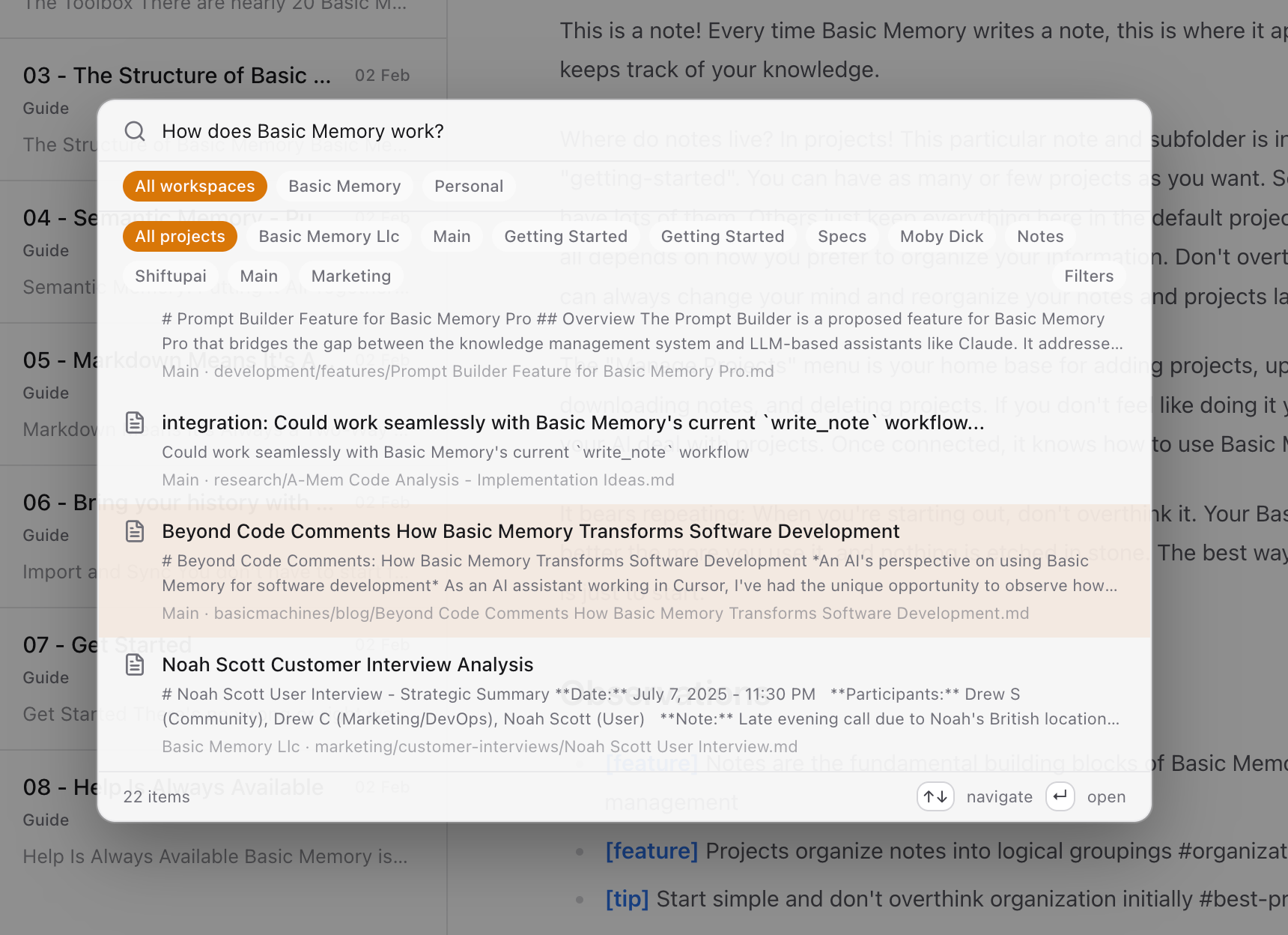 Basic Memory search results filtering notes in the web app