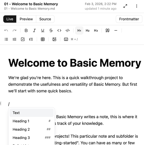 Live editor with slash menu
